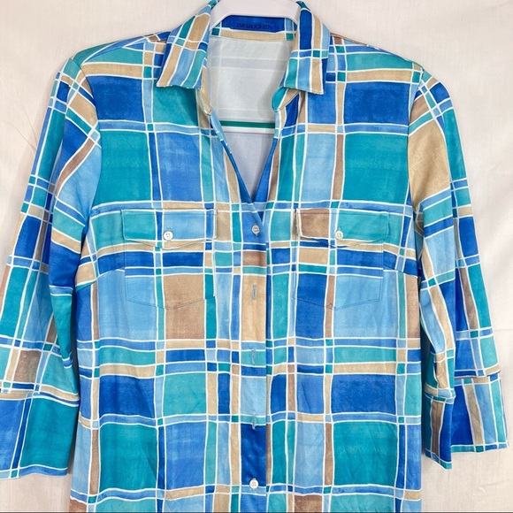 J. McLaughlin Sz S Brynn Tile Print Jersey Knit Collared V-Neck 3/4 Sleeve Dress - Picture 3 of 12